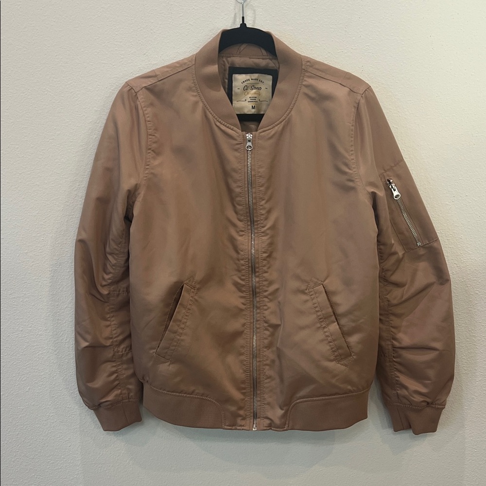 Ci Sono Satin Tan Bomber Jacket with Sleeve Pocket